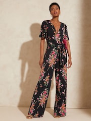 Love & Roses Black Floral Twist Front Jersey Jumpsuit - Image 4 of 4