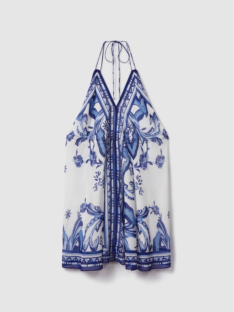 Reiss Blue Harriet Printed Tie Waist Mini Dress - Image 2 of 6
