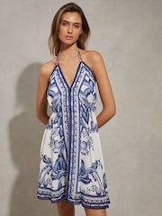 Reiss Blue Harriet Printed Tie Waist Mini Dress - Image 3 of 6