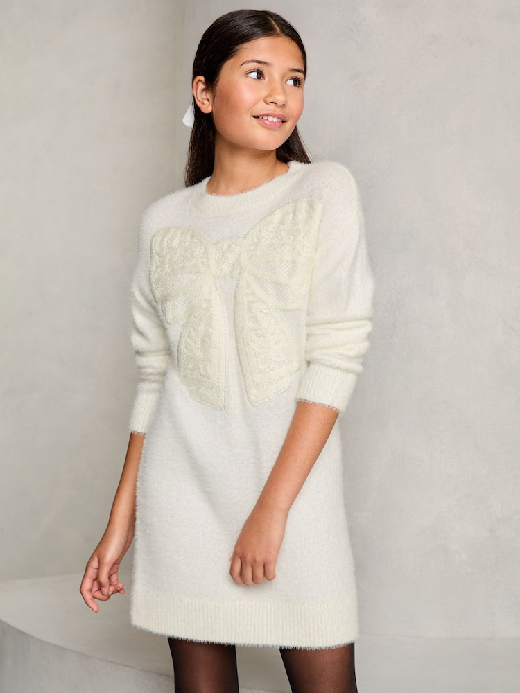 Lipsy Cream White Knitted Bow Embroidered Dress (5-16yrs) - Image 1 of 4