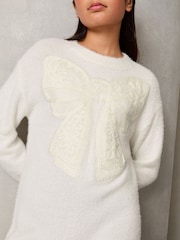 Lipsy Cream White Knitted Bow Embroidered Dress (5-16yrs) - Image 3 of 4