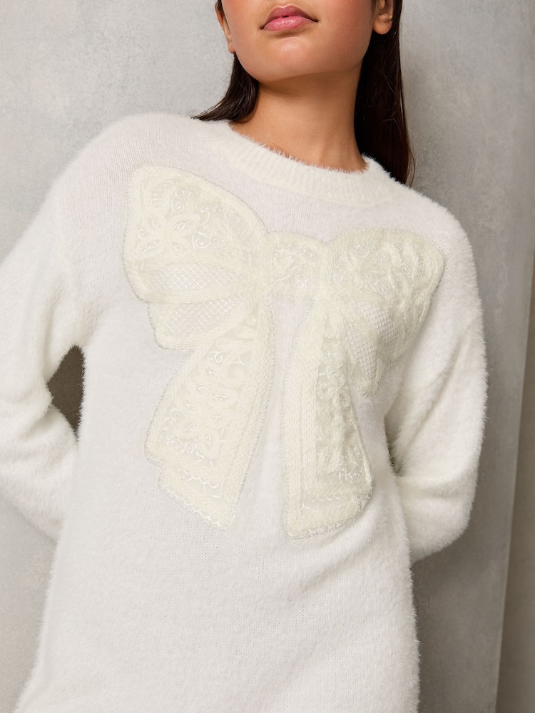 Lipsy Cream White Knitted Bow Embroidered Dress (5-16yrs) - Image 3 of 4