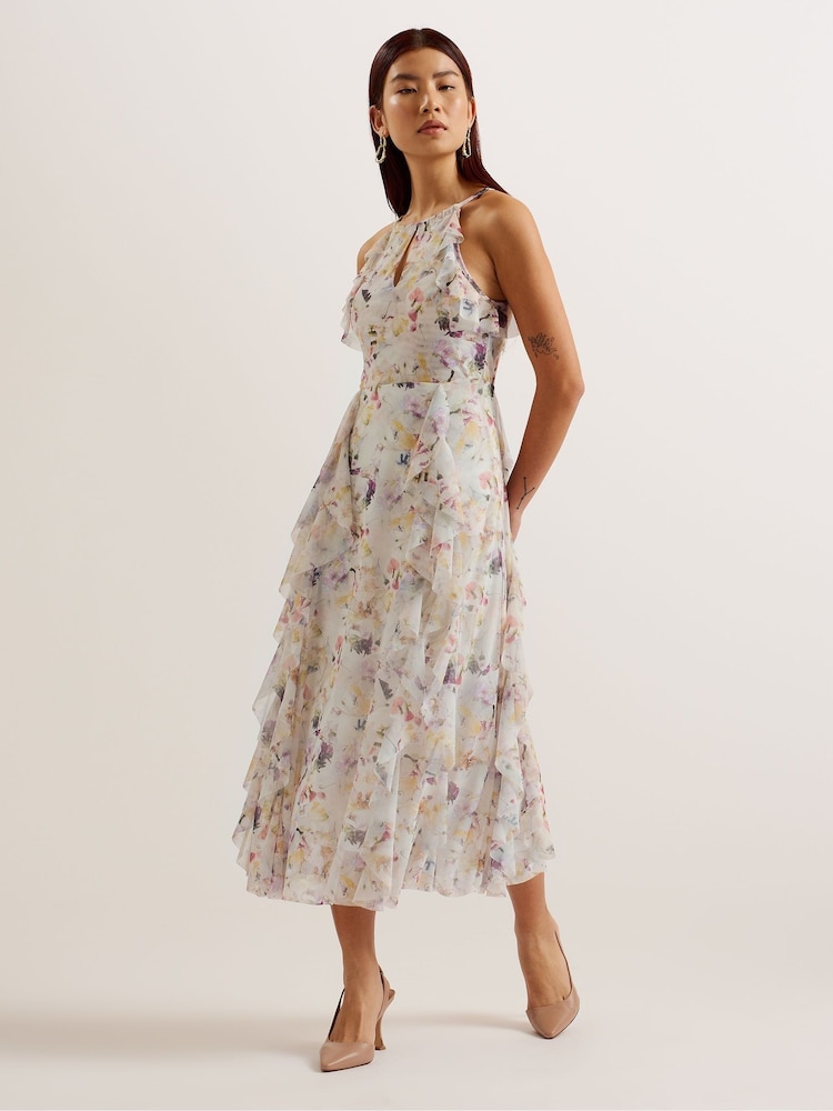Ted Baker White Halterneck Lauriin Midi Dress With Ruffles - Image 1 of 5
