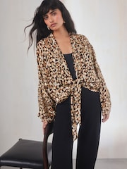Animal Gold Sparkle Tie Front Kimono Cover-Up - Image 3 of 6