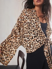 Animal Gold Sparkle Tie Front Kimono Cover-Up - Image 4 of 6