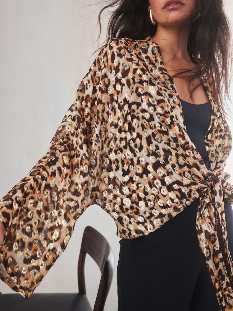 Animal Gold Sparkle Tie Front Kimono Cover-Up - Image 4 of 6