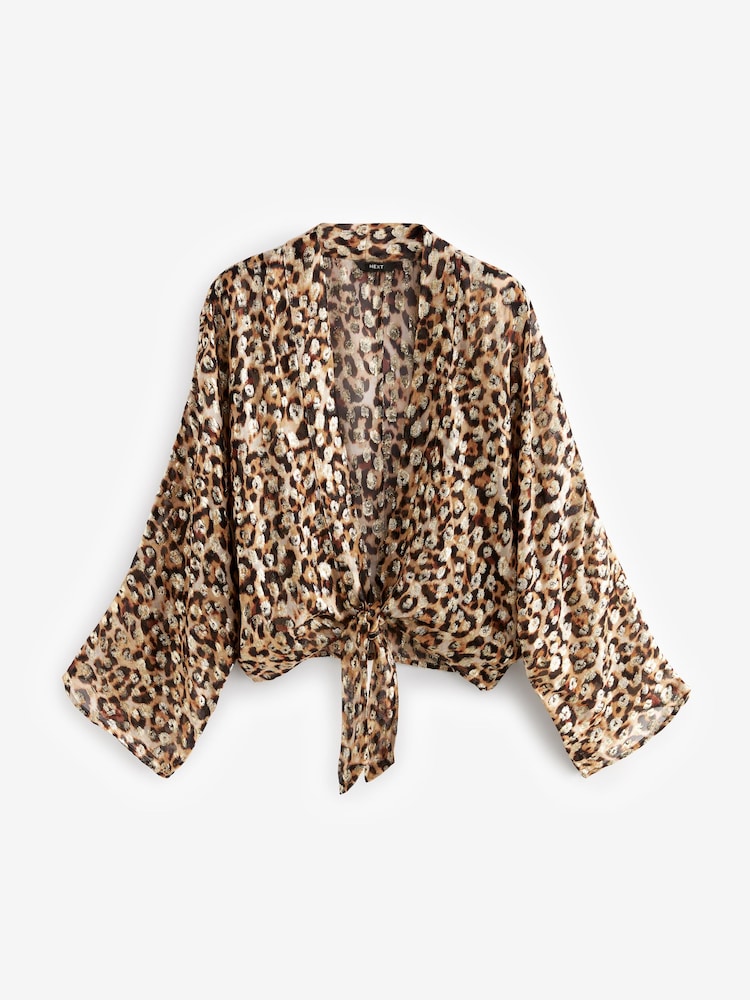 Animal Gold Sparkle Tie Front Kimono Cover-Up - Image 5 of 6