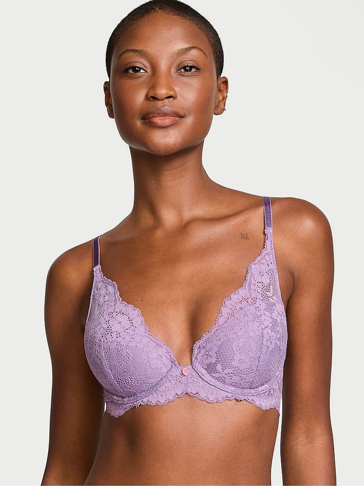 Victoria's Secret Frozen Plum Purple Lace Half Pad Plunge Bra - Image 1 of 3