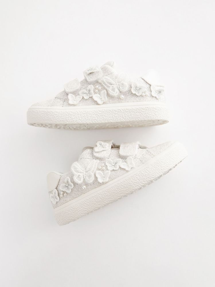White Glitter Wide Fit (G) Butterfly Touch Fasten Strap Trainers - Image 3 of 6