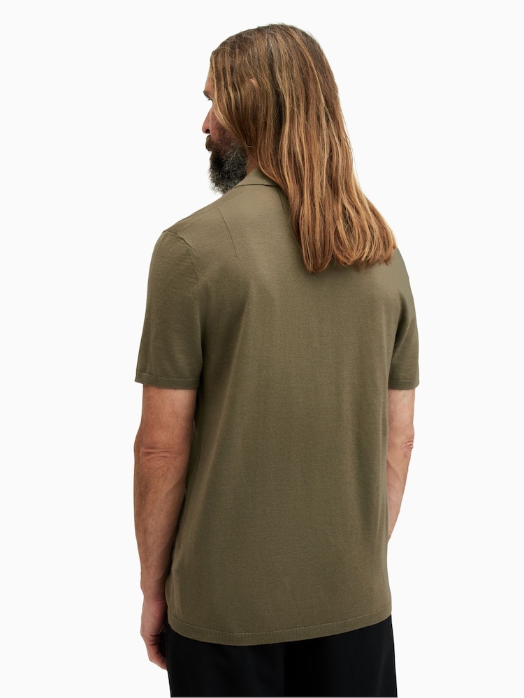 AllSaints Green Mode Merino Short Sleeve Polo Shirt - Image 2 of 5 AllSaints Green Mode Merino Short Sleeve Polo Shirt - Image 2 of 5