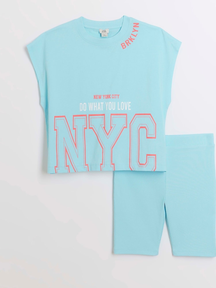 River Island Blue Girls 100% Cotton Turquoise Varsity Top and Shorts Set - Image 1 of 4 River Island Blue Girls 100% Cotton Turquoise Varsity Top and Shorts Set - Image 1 of 4