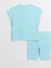 River Island Blue Girls 100% Cotton Turquoise Varsity Top and Shorts Set - Image 2 of 4