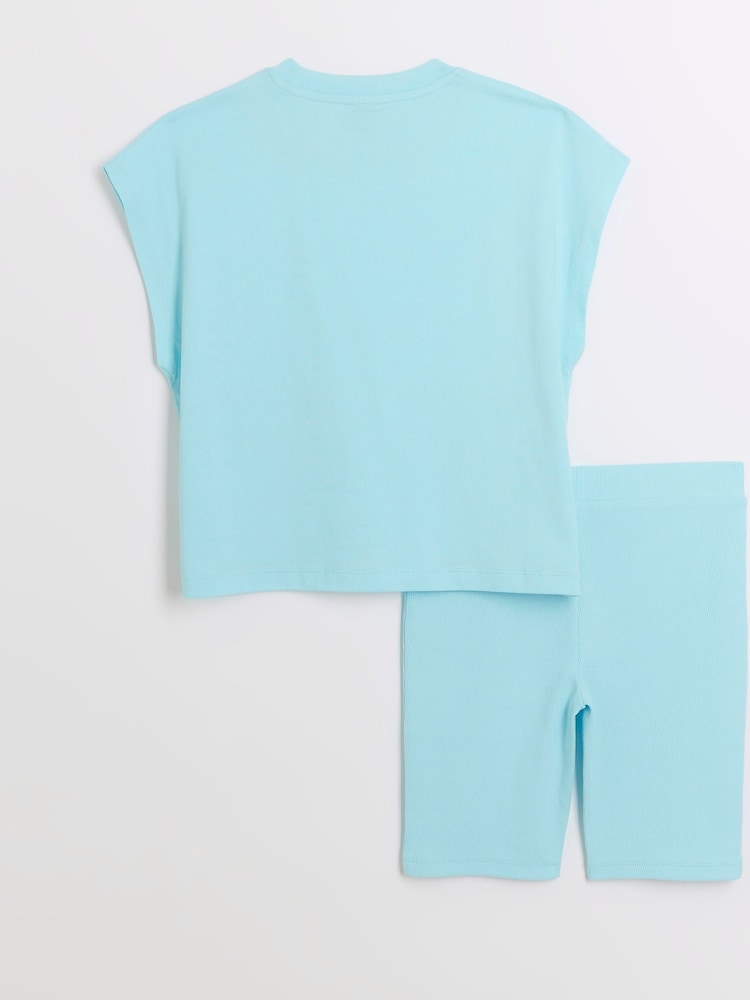 River Island Blue Girls 100% Cotton Turquoise Varsity Top and Shorts Set - Image 2 of 4 River Island Blue Girls 100% Cotton Turquoise Varsity Top and Shorts Set - Image 2 of 4