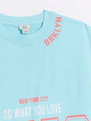 River Island Blue Girls 100% Cotton Turquoise Varsity Top and Shorts Set - Image 3 of 4