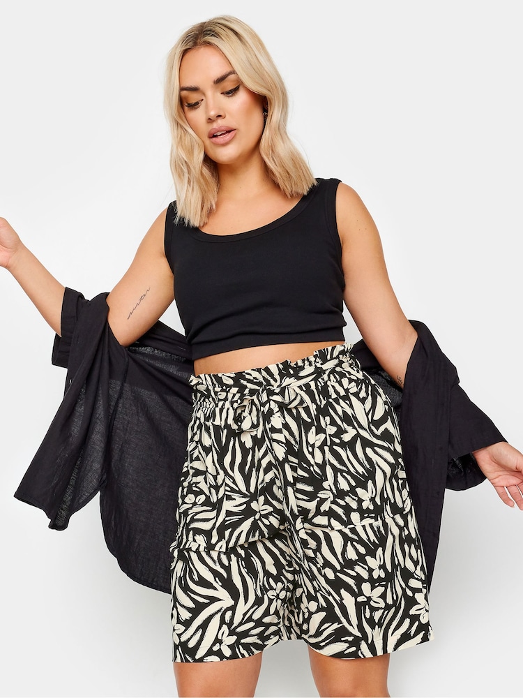 Yours Curve Black Chrom Woven Paperbag Waist Shorts - Image 2 of 5