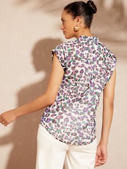 Love & Roses Ivory White Animal Roll Sleeve Zip Top - Image 3 of 4