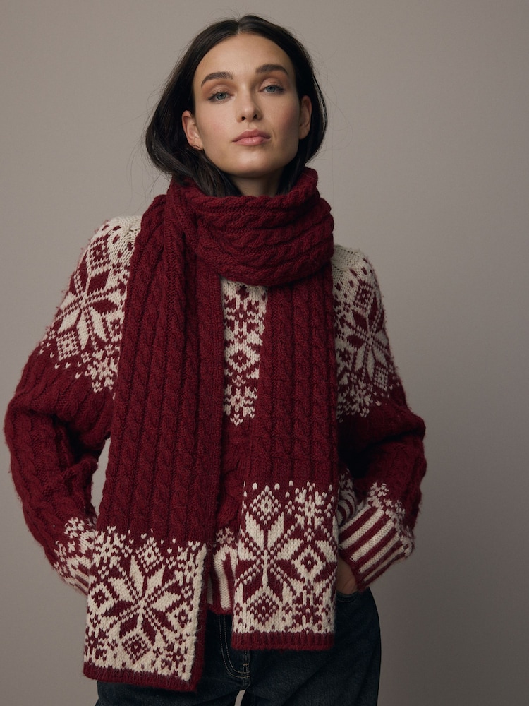 Red Fairisle Co-ord Christmas Fairisle Pattern Soft Touch Knitted Scarf - Image 1 of 5