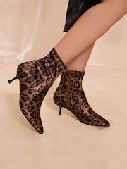 Friends Like These Brown Leopard Standard Fit Pointed Toe Stiletto Kitten Heel Ankle Sock Party Boot - Image 2 of 4