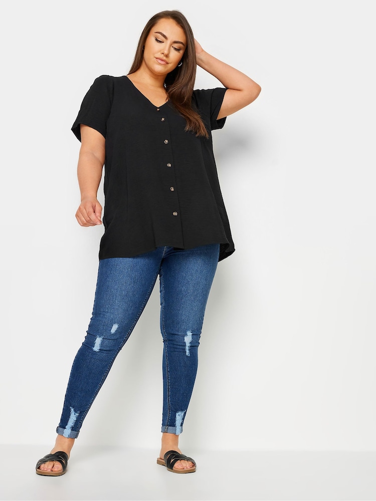 Yours Curve Black Button Front Blouse - Image 2 of 5