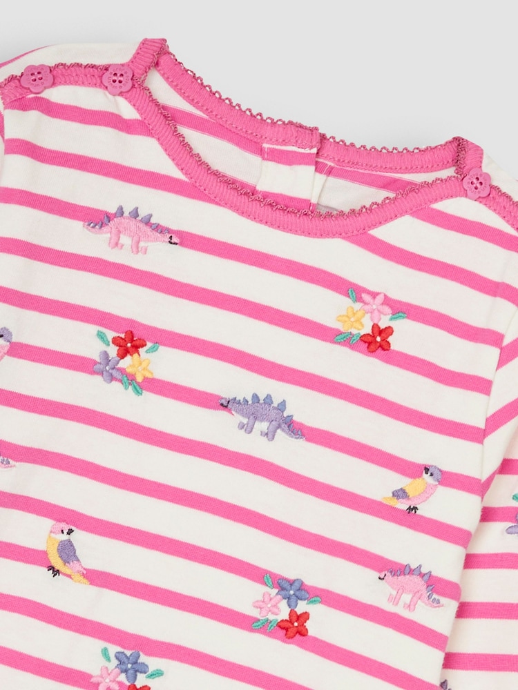 JoJo Maman Bébé Pink Dino & Bird Button Shoulder Long Sleeve Embroidered Top - Image 3 of 3