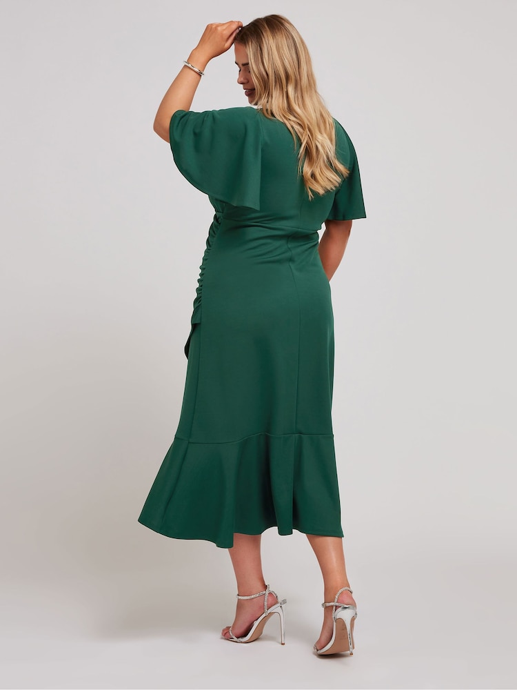 Yours Curve Green Angel Sleeve Gathered Wrap Dress - Image 3 of 5
