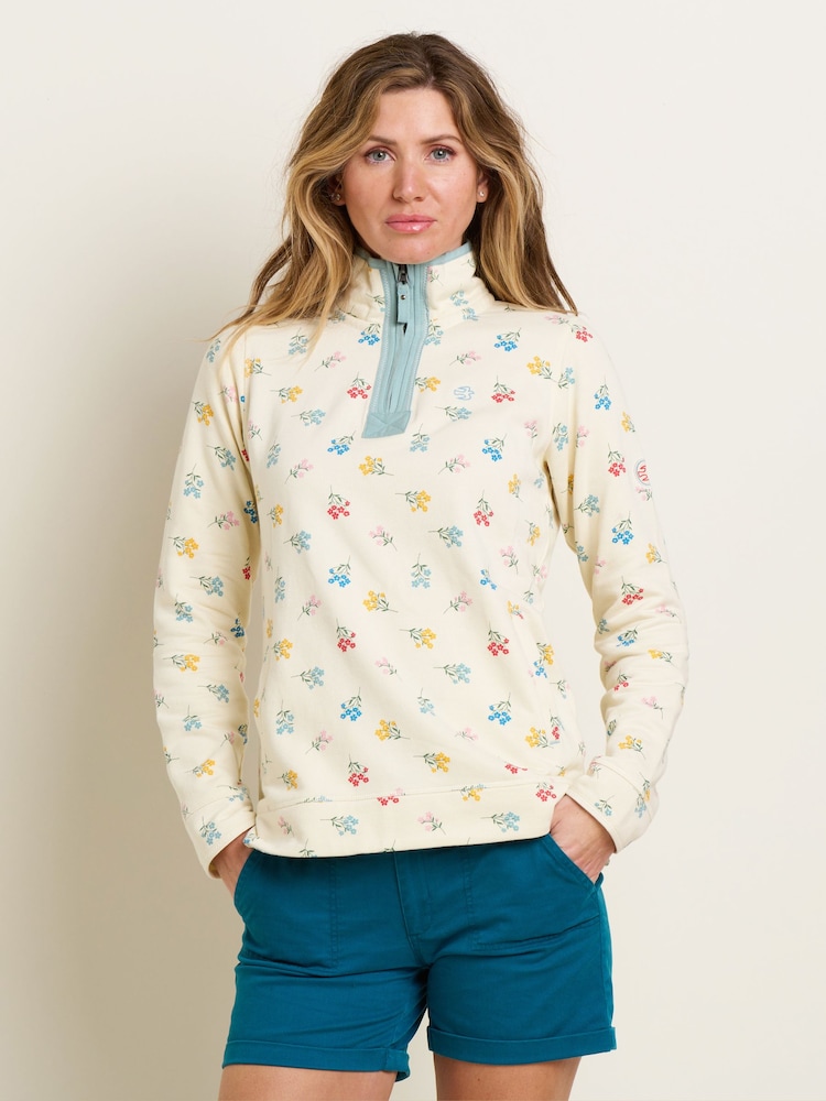 Brakeburn Cream 100% Cotton Floral Quarter Zip Sweatshirt - Image 1 of 4 Brakeburn Cream 100% Cotton Floral Quarter Zip Sweatshirt - Image 1 of 4