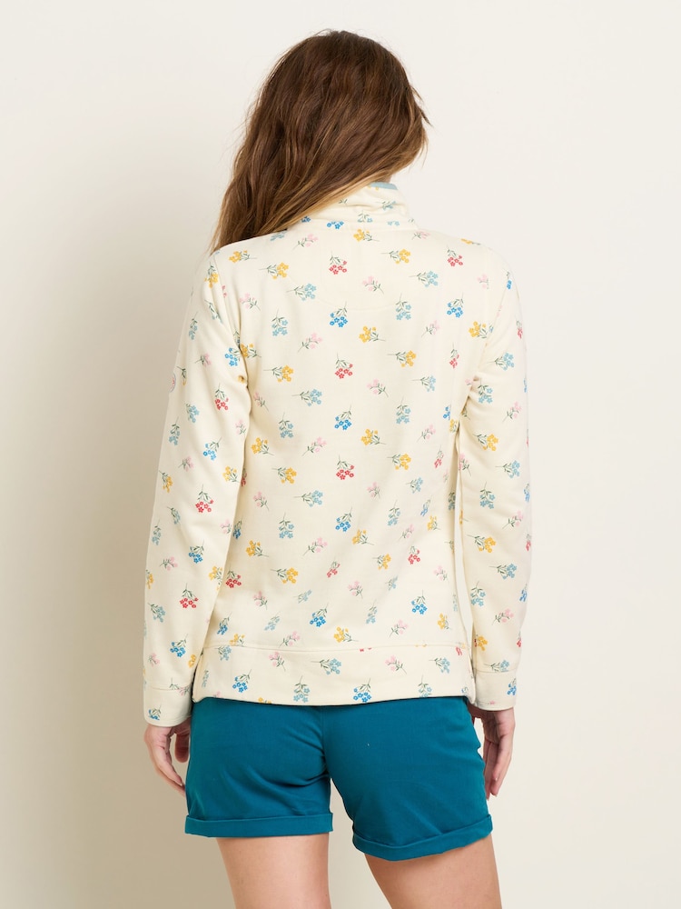 Brakeburn Cream 100% Cotton Floral Quarter Zip Sweatshirt - Image 2 of 4 Brakeburn Cream 100% Cotton Floral Quarter Zip Sweatshirt - Image 2 of 4
