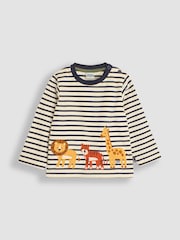 JoJo Maman Bébé Ecru Navy Stripe Safari Animals Appliqué Border Top - Image 1 of 3