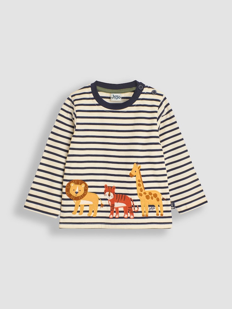 JoJo Maman Bébé Ecru Navy Stripe Safari Animals Appliqué Border Top - Image 1 of 3