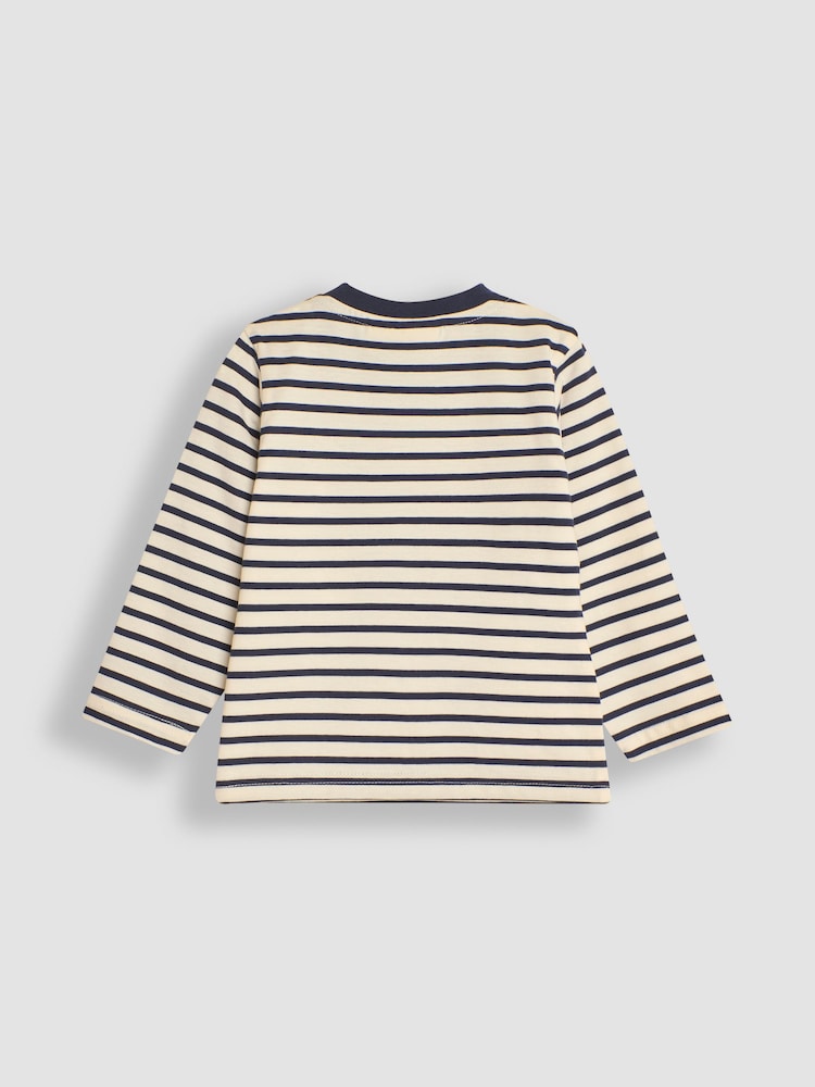 JoJo Maman Bébé Ecru Navy Stripe Safari Animals Appliqué Border Top - Image 2 of 3