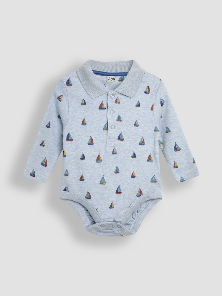 JoJo Maman Bébé Light Blue Sailboat Printed Polo Shirt Bodysuit - Image 1 of 3
