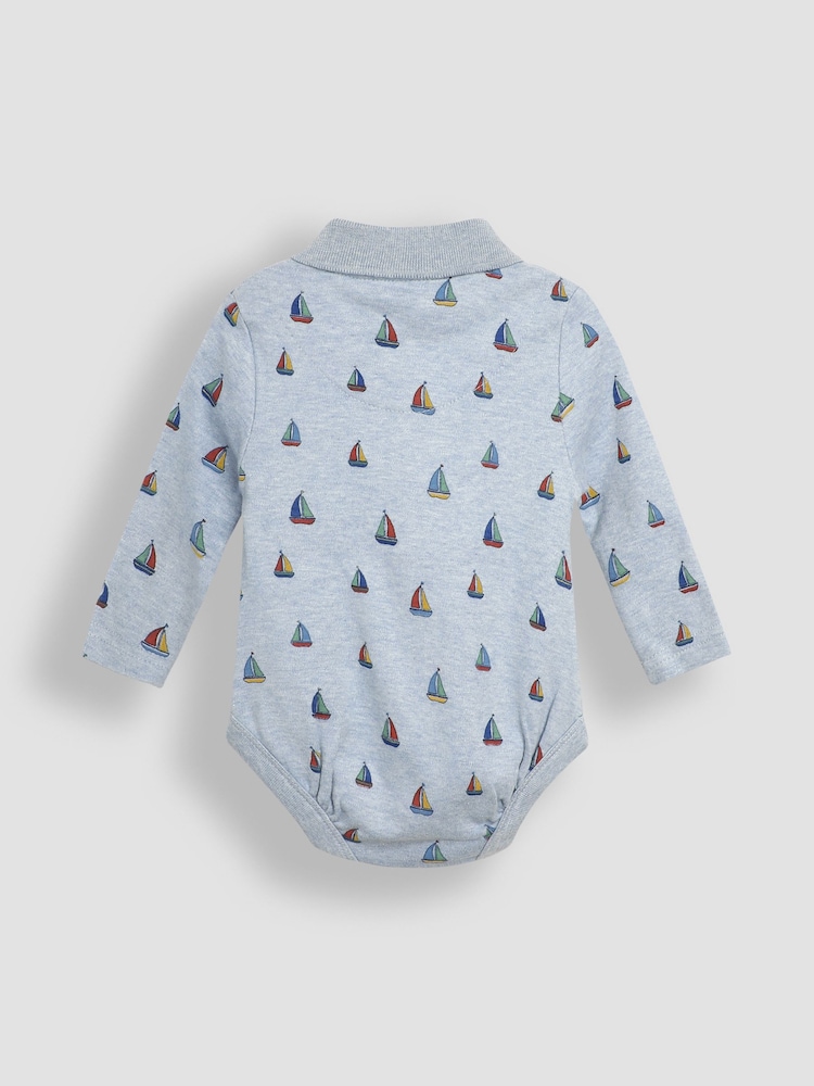 JoJo Maman Bébé Light Blue Sailboat Printed Polo Shirt Bodysuit - Image 2 of 3