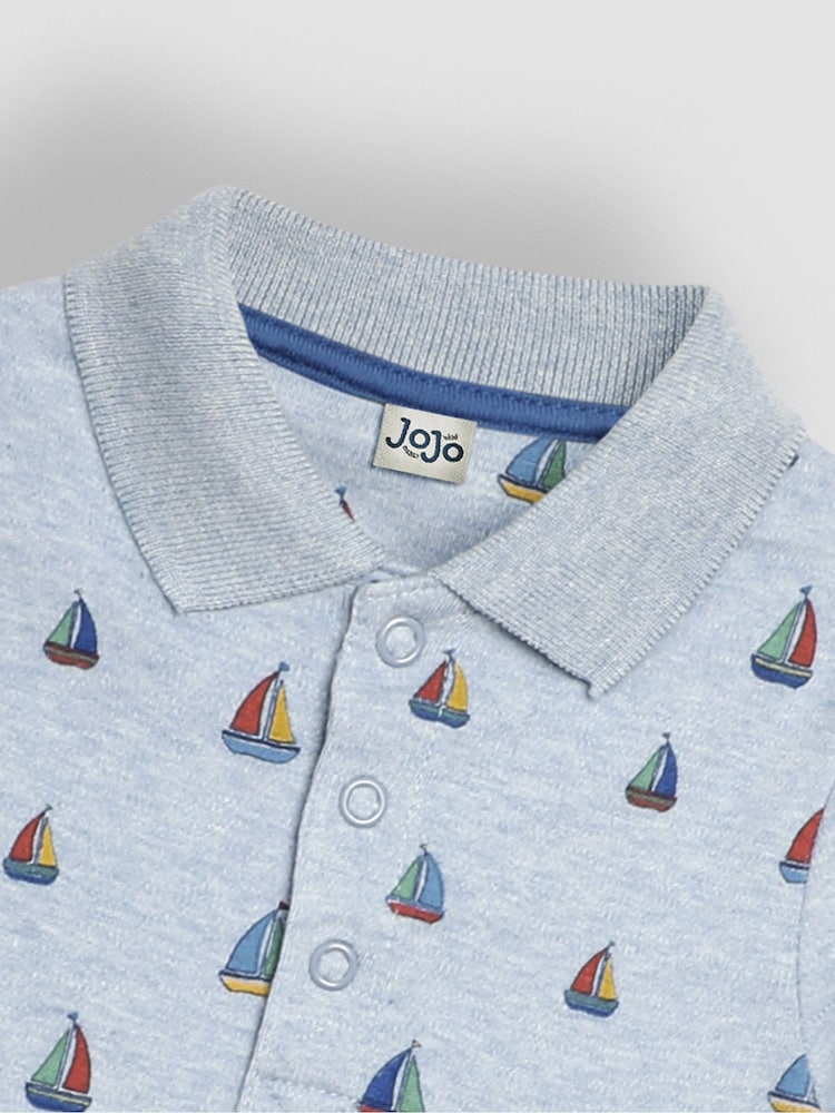JoJo Maman Bébé Light Blue Sailboat Printed Polo Shirt Bodysuit - Image 3 of 3