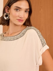 Love & Roses Embelished Ivory White Petite Roll Sleeve T-Shirt - Image 2 of 4