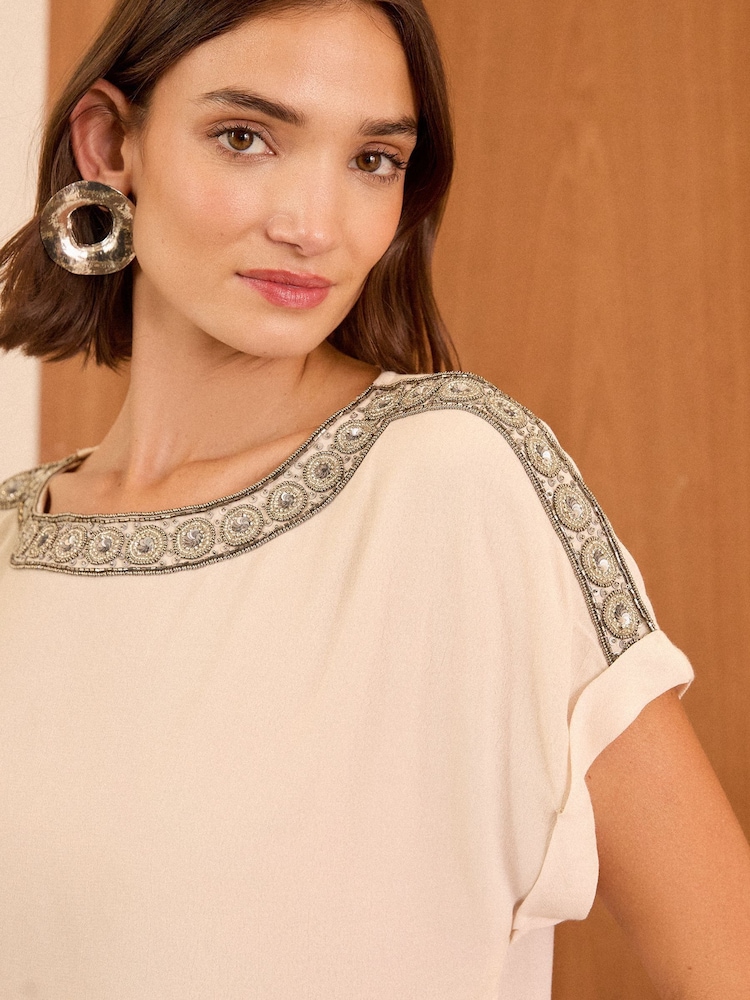 Love & Roses Embelished Ivory White Petite Roll Sleeve T-Shirt - Image 2 of 4