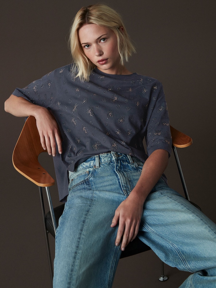 Charcoal 100% Cotton Animal Embellished T-Shirt - Image 2 of 7