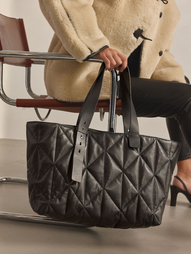Black Leather Quilted Shopper Bag - Image 1 of 9