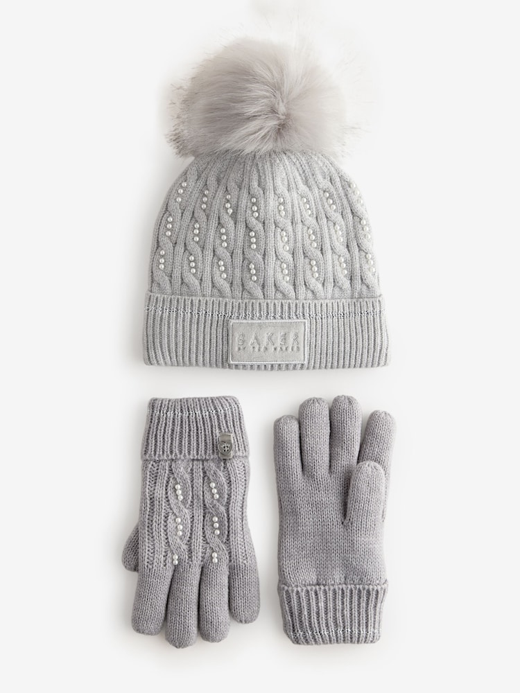 Baker by Ted Baker Girls Pink Knited Pom Hat And Gloves Set - Image 1 of 4
