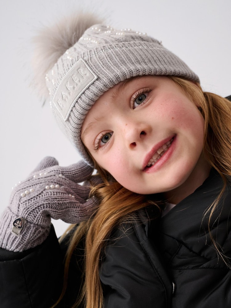 Baker by Ted Baker Girls Pink Knited Pom Hat And Gloves Set - Image 4 of 4
