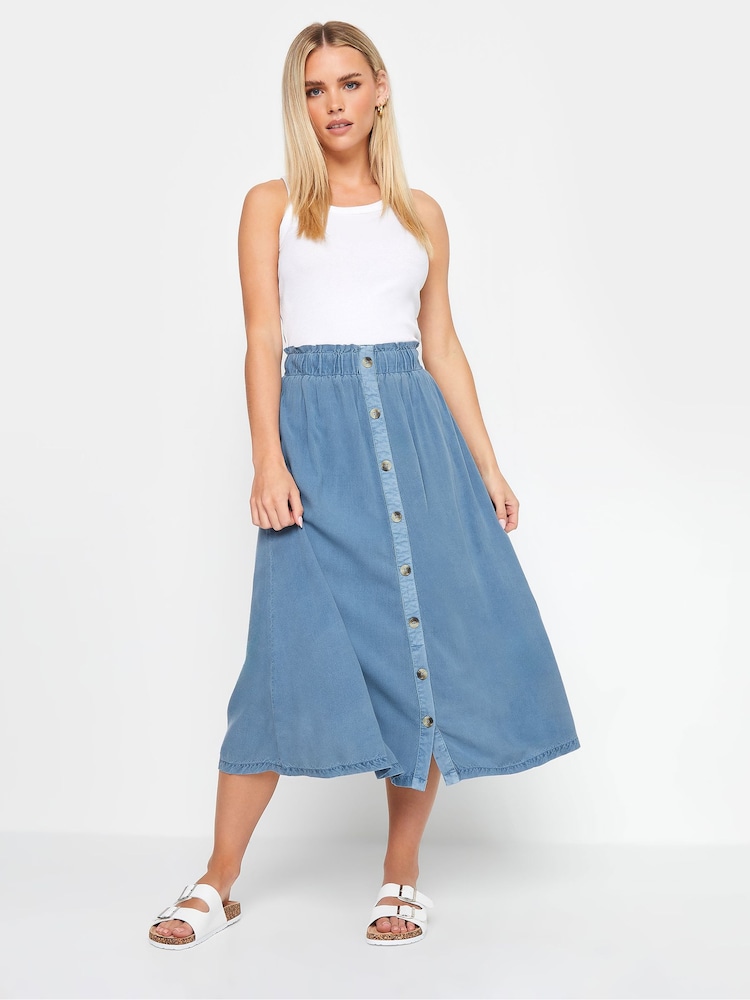 PixieGirl Petite Blue Button Front Midi Skirt - Image 1 of 5