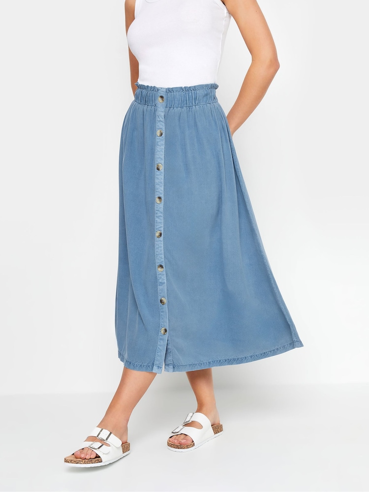 PixieGirl Petite Blue Button Front Midi Skirt - Image 2 of 5