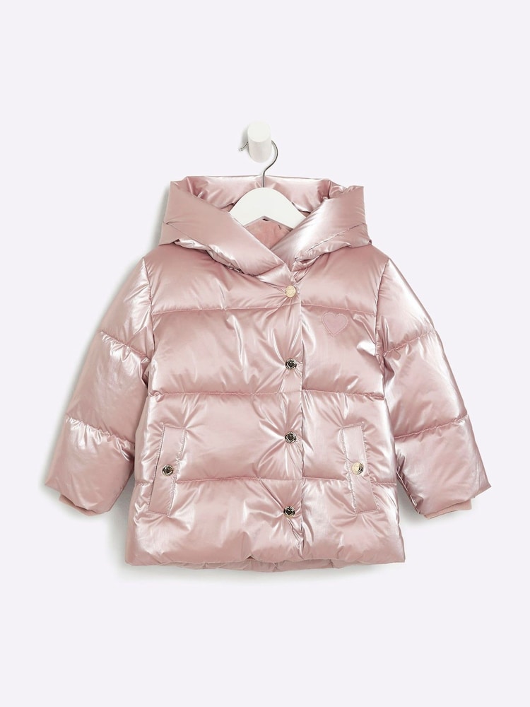 River Island Pink Girls Heart Padded Puffer Coat - Image 1 of 4