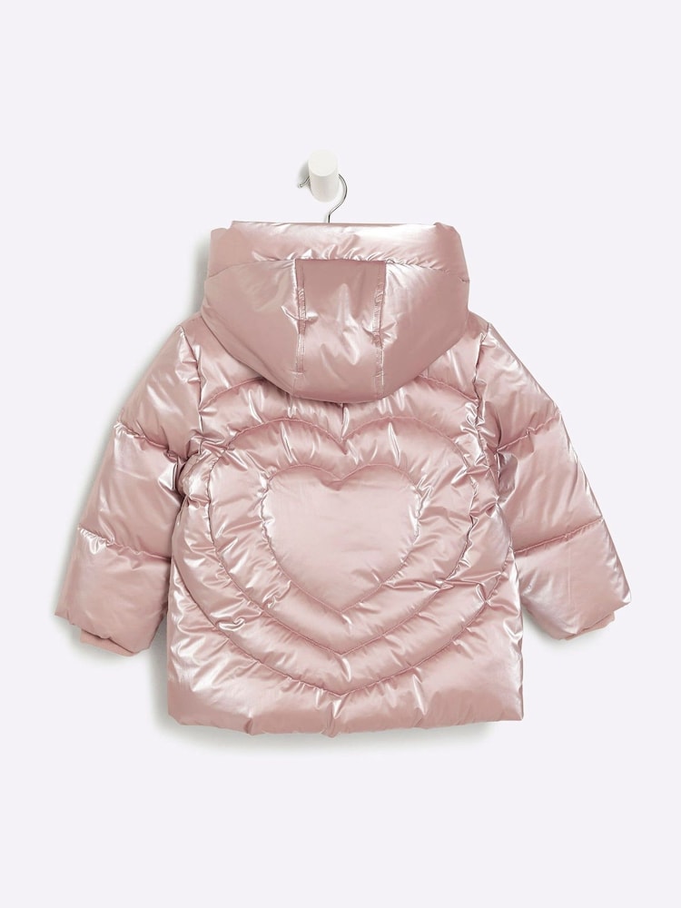 River Island Pink Girls Heart Padded Puffer Coat - Image 2 of 4
