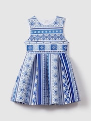 Reiss Blue Print Lena 13-14 yrs Tile Print Scuba Fit-and-Flare Dress - Image 1 of 4