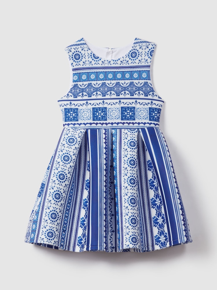Reiss Blue Print Lena 13-14 yrs Tile Print Scuba Fit-and-Flare Dress - Image 1 of 4
