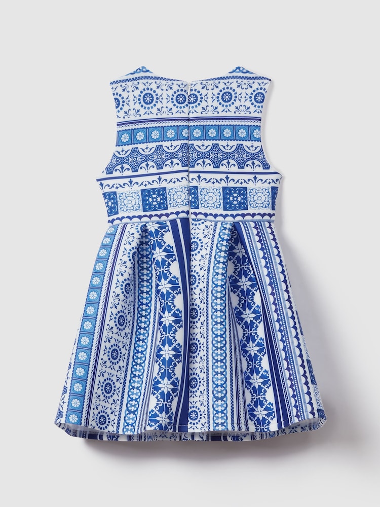 Reiss Blue Print Lena 13-14 yrs Tile Print Scuba Fit-and-Flare Dress - Image 2 of 4