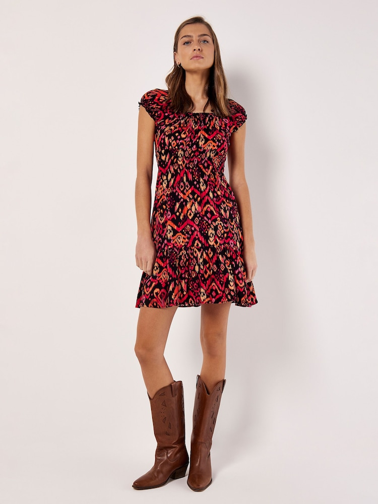 Apricot Black Colourful Ikat Milkmaid Mini Dress - Image 1 of 4