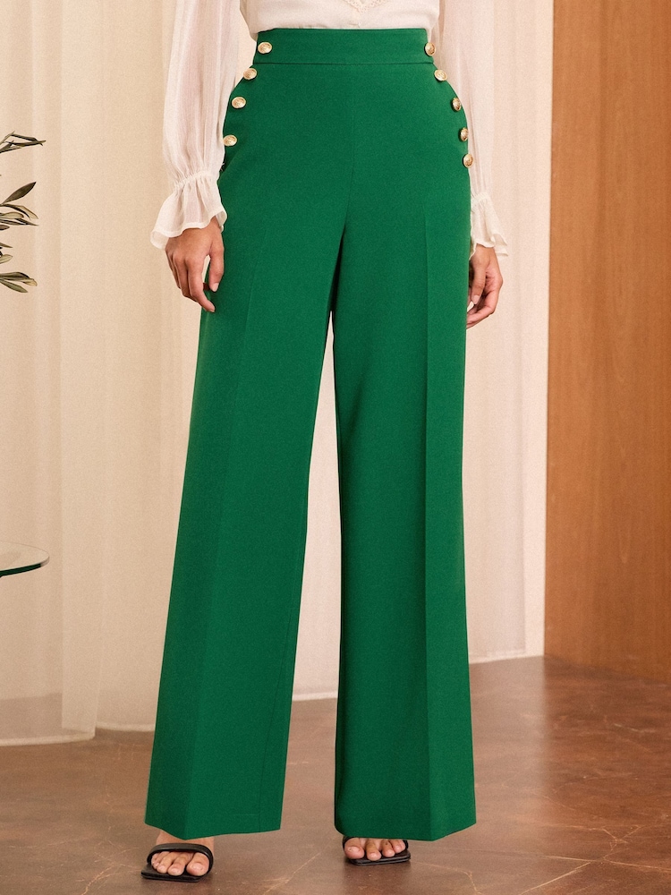 Love & Roses Green Military Button Wide Leg Tailored Trousers - Image 1 of 4
