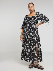 Simply Be Black Conversational Print Soft Volume Dress - Image 1 of 4
