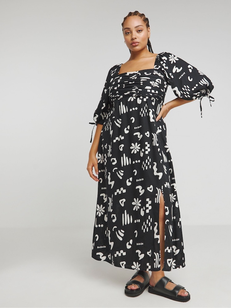 Simply Be Black Conversational Print Soft Volume Dress - Image 1 of 4